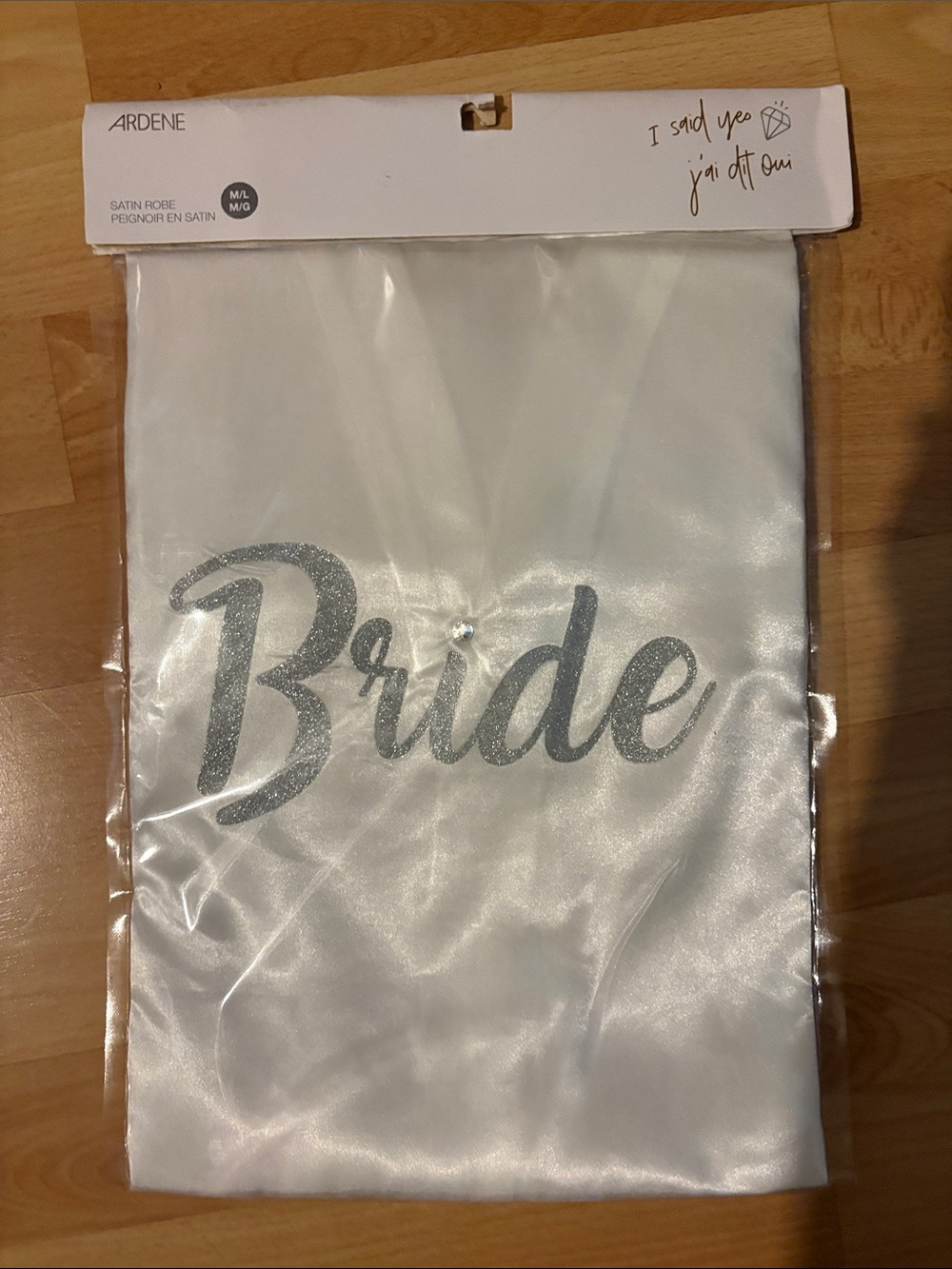 Ardene Satin Bride Robe in White with Silver Glitter Script